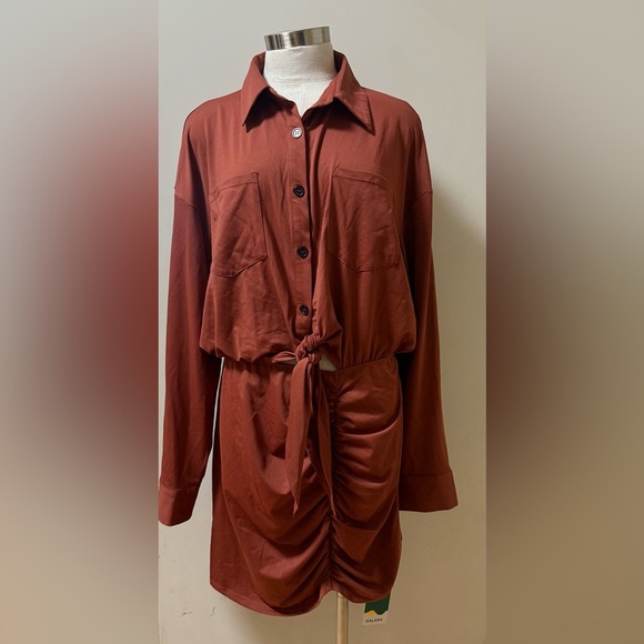 New Halara Rust Button-Up Dress with Tie Front. XL. Color: Maple Syrup - Picture 1 of 12